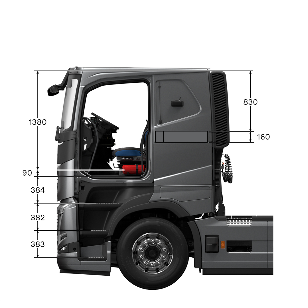 Volvo FH sleeper cab with measurements, viewed from the side